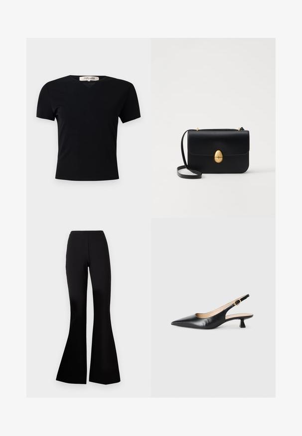 Must t-särk lühikeste varrukatega ja V-kaelusega, valmistatud siledast ja venivast kangast. Omab lihtsat ja klassikalist siluetti, millel puuduvad kaunistused.; Diane von Furstenberg GREGORY PANTS - Püksid - black; Must musta slingback kitten heel king must ja kuldne pandla külgrihmaga, valge tausta peal.; Must kase nahast käekott, millel on struktureeritud ristkülikukujuline kuju. Omab kuldset ovaalset lukku ja õhukest õlavarre rihma. Sile tekstuur.
