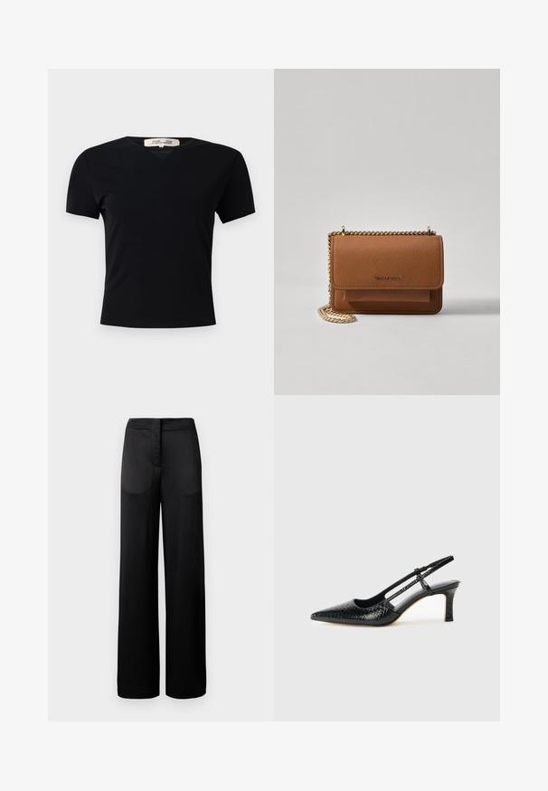 Juodas trumpas rankovės marškinėliai su V formos iškirpte, pagaminti iš lygaus, tampraus audinio. Pasižymi paprasta, klasikinė siluetu be dekoracijų.; Plati juodų kelnių, turinčių tekstūruotą paviršių, su lygiu juosmeniu ir dviem šoninėmis kišenėmis. Audinys atrodo lengvas ir plazdantis.; Juodai lakuoti slingback aukštakulniai su smailiu nosiu, su tekstūruotu gyvatės raštu, reguliuojama juosta ir trumpu, tekstūruotu blokiniu kulnu.; Ruda tekstūruota odinė per petį nešama rankinė su auksiniu grandininiu dirželiu ir užlenkiamo užsegimo. Priekinėje pusėje yra logotipo detalė ir kišenė po užlenkimu.