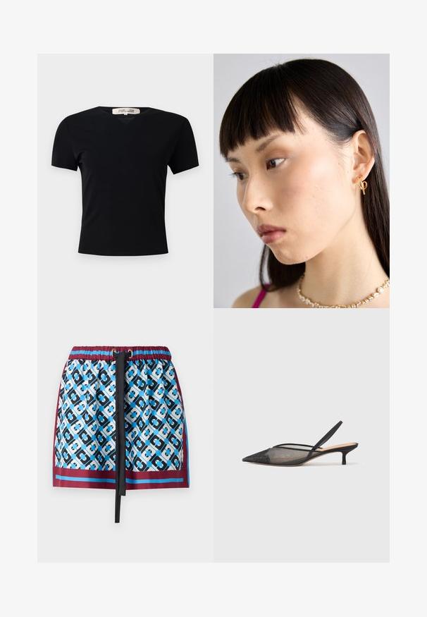 Must t-särk lühikeste varrukatega ja V-kaelusega, valmistatud siledast ja venivast kangast. Omab lihtsat ja klassikalist siluetti, millel puuduvad kaunistused.; Lühike seelik, millel on sinine ja must geomeetriline muster, elastne vöökoht koos köiega ning bordoopunane äär all.; NEOUS IRENA - Klassikalised kontsakingad - black; Kuldne rõngasse ehe, kantud paremal kõrvas, omab avatud disaini. Modellil on sirged, tumedad juuksed ja minimaalne meik.