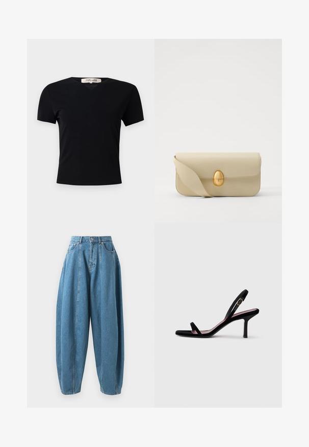 Must t-särk lühikeste varrukatega ja V-kaelusega, valmistatud siledast ja venivast kangast. Omab lihtsat ja klassikalist siluetti, millel puuduvad kaunistused.; Kõrge vöökohaga, lõdvafitseeritud sinised teksapüksid, millel on voltid, ees olevad taskud, vöökohad ja nööbi- ning lukuga sulgur.; Mustmust naiste kõrge kontsaga sandaalid mustast nahast kitsaste rihmadega ja kullavärvi pandlaga valgel taustal, külgvaade.; Beež nahast käekott, millel on sile tekstuur, ristküliku kujuline ja kuldne ovaalne lukustus. Omab pikka, reguleeritavat rihma.