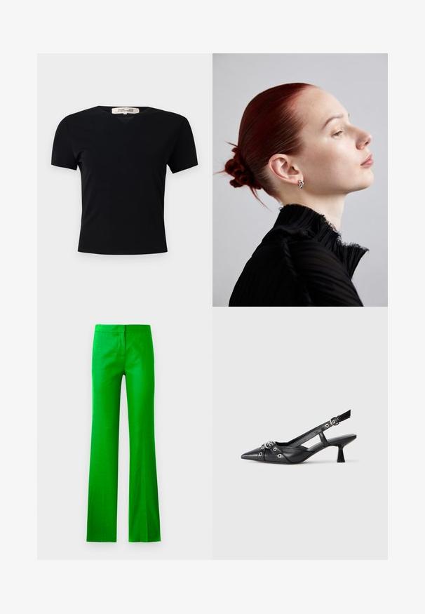 Must t-särk lühikeste varrukatega ja V-kaelusega, valmistatud siledast ja venivast kangast. Omab lihtsat ja klassikalist siluetti, millel puuduvad kaunistused.; Kirkad rohelised, flared teksad, mis on valmistatud siledast kangast, millel on lame esiosa ja nähtamatud taskud. Puhtad, minimalistlikud jooned.; Must must have must toote tõmblukuga, dekoratiivsed rihmad metallist silmadega ja madal blokk-kand. Tekstureeritud pind.; Hõbedased kõrvarõngad, tekstureeritud must plisseeritud topp kõrge kraega ja sile, kinni pandud punane juuksepea. Profiilipilt heleda tausta vastu.