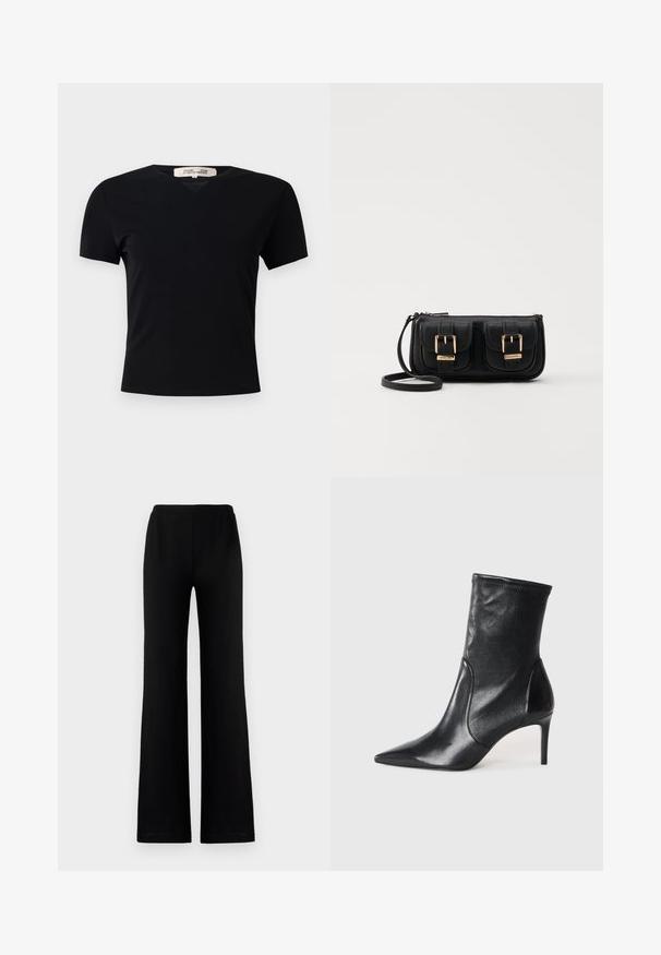 Fekete, rövid ujjú póló V-nyakkivágással, sima, rugalmas anyagból készült. Egyszerű, klasszikus fazonnal rendelkezik, díszítések nélkül.; Fekete, bő lábú nadrág, puha anyagból, rugalmas derékpánttal, sima textúrával, látható zsebek vagy díszítések nélkül.; Fekete bokacsizmák sima bőrből, hegyes orral, illeszkedő sínnel és karcsú, magas sarokkal. Minimalista dizájn, amelyen nincs látható fém munka.; Fekete bőr keresztbody táska két elülső zsebbel, arany csattokkal, cipzáras záródással és vékony pánttal. Textúrált felület és kompakt téglalap alak.