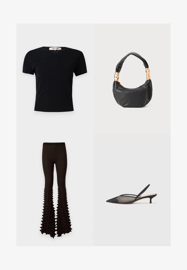 Black short-sleeve t-shirt with a V-neck design, made of a smooth, stretchy fabric. Features a simple, classic silhouette without embellishments.; Chet Lo MAXI SPIKE GRADIENT TROUSERS - Trousers - brown; NEOUS IRENA - Classic heels - black; Black leather handbag with a round shape, soft texture, and a knotted handle featuring gold-tone hardware accents. Zipper closure.