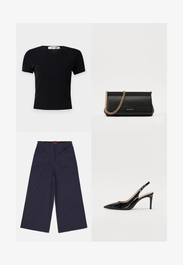 Černé tričko s krátkým rukávem a výstřihem do V, vyrobené z hladkého, elastického materiálu. Obsahuje jednoduchý, klasický střih bez ozdob.; STAUD LUCA PANT - Kalhoty - navy; Černé lakované slingback lodičky s špičatou špičkou, úzkým podpatkem a jemným výřezem. Obsahují zlatou sponu na řemínku.; Černá kožená psaníčko s zlatým řetízkem, vyznačující se hladkým povrchem, obdélníkovým tvarem a reliéfním logem na přední straně.