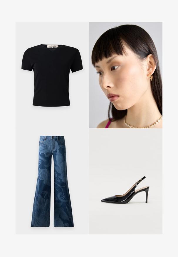 Black short-sleeve t-shirt with a V-neck design, made of a smooth, stretchy fabric. Features a simple, classic silhouette without embellishments.; Flared denim jeans in dark blue featuring a tonal floral print. Standard five-pocket design with a front button and zipper closure.; Black patent leather slingback pump with pointed toe, slim heel, and a subtle cutout design. Features a gold buckle on the strap.; Gold hoop earring worn on the right ear, featuring an open design. Model has straight, dark hair and minimal makeup.