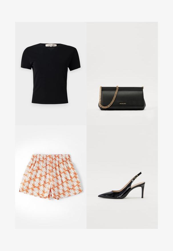 Black short-sleeve t-shirt with a V-neck design, made of a smooth, stretchy fabric. Features a simple, classic silhouette without embellishments.; White shorts with an orange palm leaf pattern, elastic waistband, and a loose fit. Made of lightweight fabric, suitable for warm weather.; Black patent leather slingback pump with pointed toe, slim heel, and a subtle cutout design. Features a gold buckle on the strap.; Black leather clutch bag with a gold chain strap, featuring a smooth texture, rectangular shape, and embossed branding on the front.