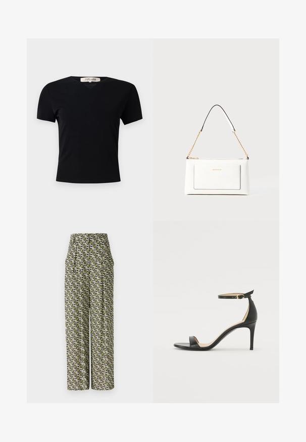Črna kratka majica s kratkimi rokavi in V-izrezom, izdelana iz gladkega, raztegljivega materiala. Ima preprost, klasičen kroj brez okrasnih elementov.; Diane von Furstenberg BELLINI PANTS - Hlače - green; Črne usnjene sandale s peto, ki imajo priponko za gleženj. Imajo gladko teksturo, odprt prst in tanek peto. Podrobnost z zlatim sponko.; Bela usnjena torbica z teksturirano površino, ki vključuje zlat pas in črne detajle. Ima sprednji žep in zadrgo.