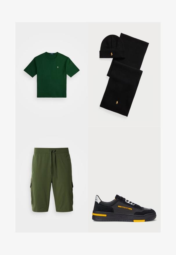 Polo Ralph Lauren RELAXED FIT LOGO JERSEY T-SHIRT - Trükipildiga T-särk - northwest pine; Oliivroheline cargo-lühikene püksid elastse vöökoha, reguleeritava nööriga ja küljetaskutega. Sile kangas, põlve pikkune istuvus.; Mustad mustad tossud, millel on sametist ja võrgusilmast pealispind, kollased aktsendid ja paks must tall. Kinnitatav paeltega ning külgedel on "POLO SPORT" brändimine.; Must must beanie ja sallikomplekt. Omab soonikkudet ja kuldseid logosid. Pehme kangas, elegantne disain, sobib külma ilma jaoks.