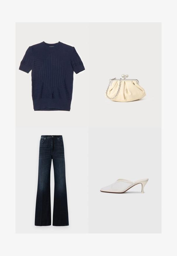 Sötétkék rövid ujjú pulóver vízszintes és függőleges bordázott textúrával, középen gyémánt mintázattal és kerek nyakkivágással.; Sötétkék, magas derekú, bő szárú farmernadrág elülső zsebekkel, övhurkokkal és gombos-zippes záródással.; Fehér hálós, hegyes orrú mules cipő, vékony, középmagas sarkával és slip-on kialakításával, egyszerű háttér előtt.; Pleátolt bézs bőr válltáska ezüst fém kerettel, két kerek díszcsattal és ezüst lánc pánttal.