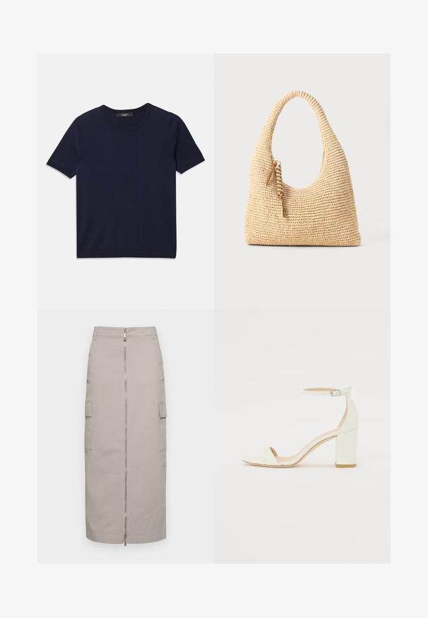 T-shirt à manches courtes bleu marine en tissu doux, avec un col rond et des bords côtelés, texture lisse et sans motifs visibles.; Jupe grise longueur genou en coton avec une fermeture éclair à l'avant et deux poches latérales, présentant une coupe droite et des lignes épurées.; Sandale à talon bloc en cuir blanc avec une bride de cheville à boucle et un design minimaliste. Bout ouvert et textures lisses sur l'ensemble.; Sac à main tissé beige avec une anse incurvée, une surface texturée et un détail de pompon marron. Présente une forme slouchy de style hobo.
