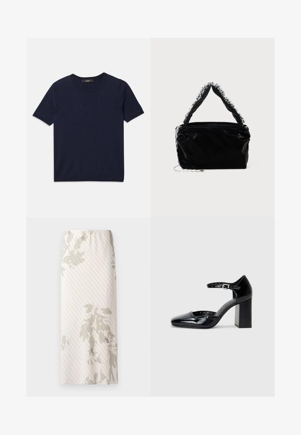 Tamsiai mėlynas trumpų rankovių marškinėliai, pagaminti iš minkštos medžiagos, su apvaliu kaklu ir šonkauliniais kraštais, lygi tekstūra ir be matomų raštų.; Balta sijonas su siaura juostele ir šviesiai pilkomis gėlėmis. Elastinga juosta suteikia patogų prigludimą.; Juodos lakuotos aukštakulnės bateliai su kvadratine nosimi, kulkšnies dirželiu ir masyviu kulnu. Apima perforuotus detalizavimus aplink kraštą.; Juodas dirbtinės odos rankinė su tekstūruotu paviršiumi, su sidabriniu karoliukų akcentu viršutinėje rankenoje ir grandinine juosta.