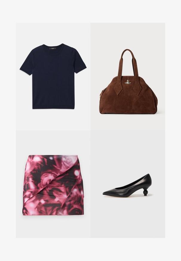 Tumesinine lühikese varrukaga T-särk, valmistatud pehmest kangast, ümarate krae ja soonikservadega, sile tekstuur ja ilma nähtavate mustriteta.; Lühike, jalge alla sobiv seelikuosa musta ja roosa lillemustriga. Valmistatud siledast, venivast materjalist, millel on diagonaalne mähise disain ja õmblustega serv.; Must musta kõrge kontsaga king, millel on terav nina ja ümar, pallikujuline konts. Sile pind ja elegantne, minimalistlik disain.; Pruun nahast käekott, millel on struktureeritud kuju, ümar keha ja piklikud rombikujulised käepidemed. Varustatud hõbedase riistvaraga lukuga.