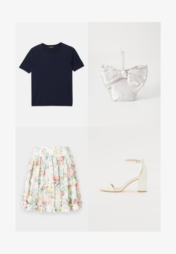 Tamnoplava majica kratkih rukava od mekog materijala, s okruglim izrezom i rebrastim rubovima, glatke teksture i bez vidljivih uzoraka.; Cvećasta suknja s višim slojevima na krem pozadini koja sadrži pastelno ružičasto, plavo i zeleno cvijeće. Elastična struk s nabranim detaljima.; Bijela kožna sandala na blok petu s remenom oko zapešća i minimalističkim dizajnom. Otvoreni nos i glatke teksture kroz cijelu obuću.; Satin torbica u bijeloj boji, s velikom mašnom sprijeda. Torba ima strukturirani oblik i kratku, glatku dršku.