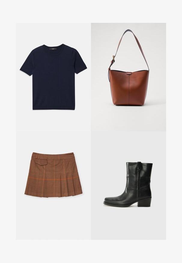 Tumesinine lühikese varrukaga T-särk, valmistatud pehmest kangast, ümarate krae ja soonikservadega, sile tekstuur ja ilma nähtavate mustriteta.; Pruun ruuduline seelik, millel on volditud disain, oranžid aksendid ja küljetasku. Valmistatud tekstuurilisest materjalist, kitseneva vöökohtadega.; Musta nahast pahkluu saabas ümarate varvastega, plokknäppu, külgsepa ja pealsetel õmblusest aktsentidega. Sile tekstuur, klassikaline disain.; Pruun nahast õlakott, millel on kaarjas kuju, sile tekstuur ja üks õhuke rihm. Omab peent õmblust ja väikest logo detaili.