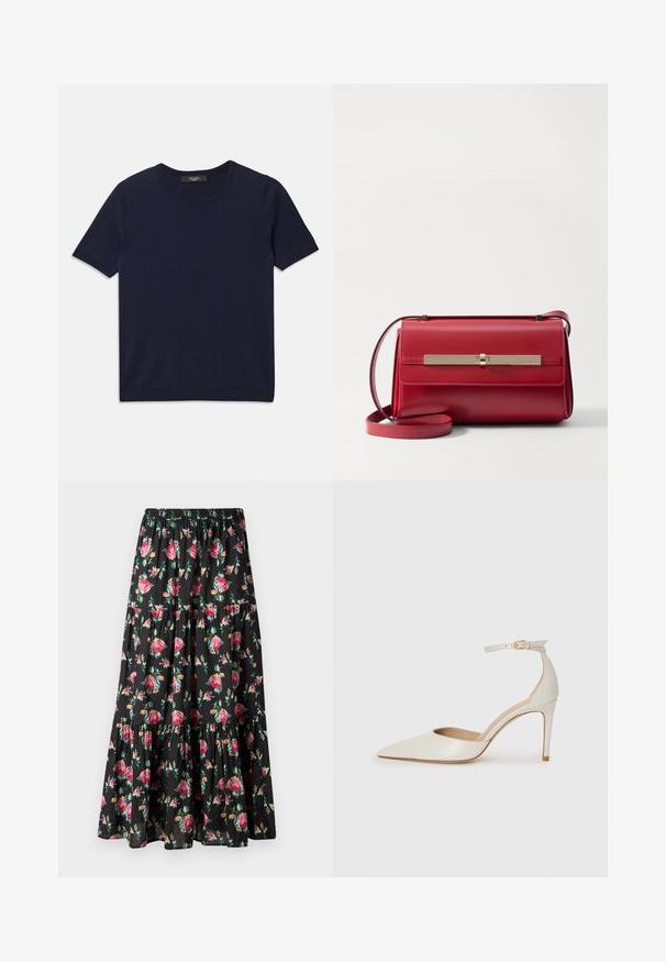 Tricou bleumarin cu mânecă scurtă, fabricat dintr-un material moale, cu guler rotund și margini ribolite, textură netedă și fără modele vizibile.; Fustă lungă neagră cu un design stratificat, având un model floral cu trandafiri roz și frunze verzi, fabricată dintr-un material ușor. Talie elastică.; Pantofii înalți din piele albă, cu vârf ascuțit, curea la gleznă și toc subțire de tip stiletto. Textură netedă cu un finisaj subtil lucios.; Stuart Weitzman POSH SHOULDER BAG - Geantă crossbody - cherry