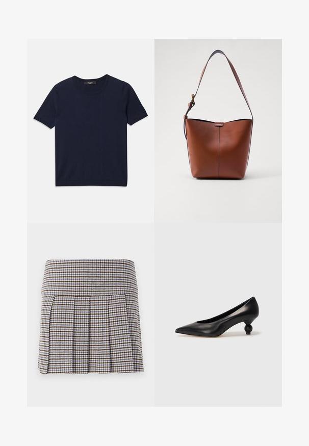 Mörkblå t-shirt med kort ärm gjord av mjukt tyg, med rund halsringning och ribbade kanter, slät textur och utan synliga mönster.; Plisserad kjol i brunt, beige och blått rutmönster. Tillverkad av ett strukturerat tyg med en åtsittande midja och dekorativa plisseringar.; Svart läderhögklackad sko med spetsig tå och rund, bollformad klack. Slät yta med en elegant, minimalistisk design.; Brun läderaxelväska med en böjd form, slät yta och ett enda tunt band. Har en subtil söm och en liten logotypdetalj.