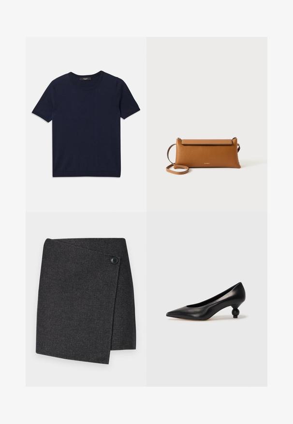 Sötétkék, rövid ujjas póló, puha anyagból készült, kerek nyakkivágással és bordás szegéllyel, sima tapintású, látható minták nélkül.; Sötétszürke, textúrált anyagból készült, csomagolt szoknya, bal oldali gombos zárszerkezettel és aszimmetrikus szegéllyel.; Fekete bőr magassarkú cipő, hegyes orral és kerek, gömbölyű sarokkal. Simább textúrával, elegáns, minimalista dizájnnal.; Barna bőr kézitáska, téglalap alakú, texturált felület, leválasztható pánt, cipzáras záródás, diszkrét logóval a záron.