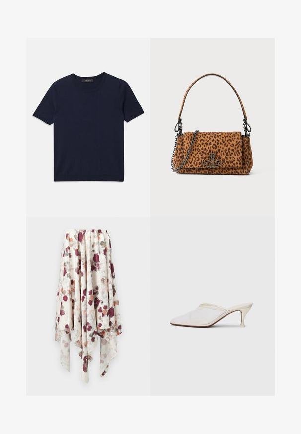 Camiseta de manga corta de color azul marino, fabricada con un tejido suave, con un escote redondo y bordes acanalados, textura suave y sin patrones visibles.; Falda de dobladillo en forma de pañuelo blanca con estampado floral acuarelado en color burdeos, gris y naranja, con cinturilla elástica.; Mule blanco de malla con punta afilada, tacón medio y diseño de fácil colocación contra un fondo liso.; Bolso de mano con estampado de leopardo, hecho de ante, con un asa corta, una correa de cadena y un cierre de hardware negro. Forma rectangular con tapa.