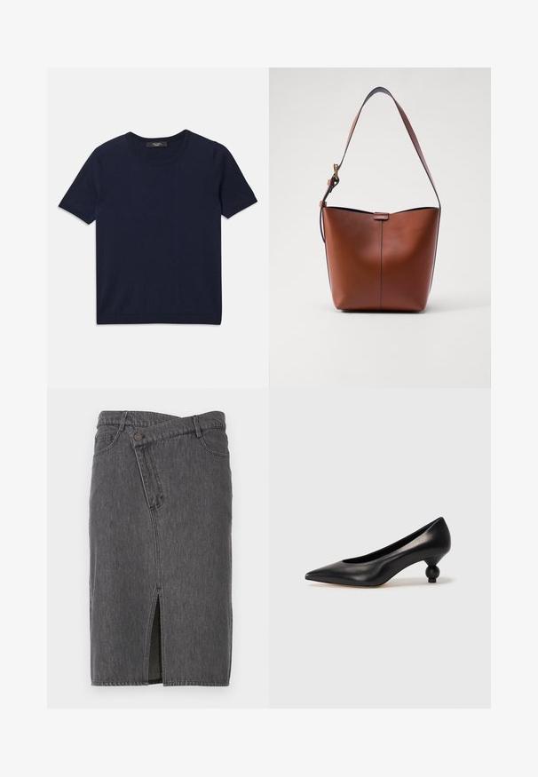 Tricou bleumarin cu mânecă scurtă, fabricat dintr-un material moale, cu guler rotund și margini ribolite, textură netedă și fără modele vizibile.; Fustă din blugi gri cu o deschidere frontală, design cu cinci buzunare și închidere cu buton. Țesătura are un finisaj texturat și un aspect casual.; Pantofii cu toc înalt din piele neagră, cu vârf ascuțit și toc rotund, mimos. Textură netedă, cu un design elegant și minimalist.; Geantă de umăr din piele maro, cu o formă curbată, textură netedă și o curea subțire. Prezintă o cusătură subtilă și un detaliu mic cu logo.