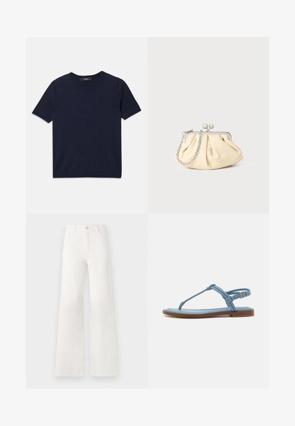 Temno modra kratka majica z mehkega materiala, kroga vratu in z rebrastimi robovi, gladka tekstura ter brez vidnih vzorcev.; Bela, visoko pasovana široka obrtnica iz denima. Ima zaponko, dva sprednja žepa in stranske šive s podrobnostmi šivanja.; Modra usnjena japanka z ravnim podplatom, ki ima ozko naramnico in zaponko okoli gležnja za varno prileganje.; Zavihani bež usnjeni nahrbtnik s srebrnim kovinskim okvirom, ki ima dve okrogli okrasni zaponki in srebrno verižico.