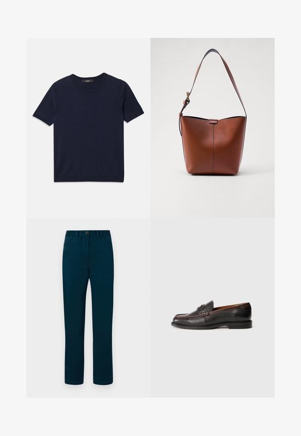 Sotilasmustan lyhythihaisen T-paidan, joka on valmistettu pehmeästä kankaasta, pyöreä pääntie ja ribbaborduurit, sileä rakenne ja ei näkyviä kuvioita.; Tumman teal-väriset suorat housut, joissa on napitus, etutaskut ja sileä puuvillakangas.; Mustat nahkaiset loaferit, joissa on sileä pinta, pyöreä kärki ja ommeltu yksityiskohtaus. Varustettu matalalla korolla ja minimalistisella muotoilulla.; Kahvinahkainen olkalaukku, jossa on kaareva muoto, sileä pinta ja yksi ohut hihna. Sisältää hienovaraisen sauman ja pienen logotarkin.