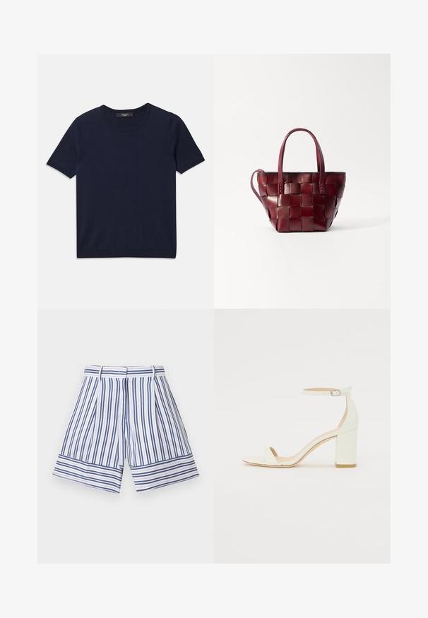 Tricou bleumarin cu mânecă scurtă, fabricat dintr-un material moale, cu guler rotund și margini ribolite, textură netedă și fără modele vizibile.; Shorts în dungi, cu linii verticale albastre și albe, cu un tiv lat și un design plisat în față. Fabricate dintr-un material ușor.; Sandal din piele albă cu toc bloc, având o curea la glezna cu cataramă și un design minimalist. Vârf deschis și texturi netede pe întreaga suprafață.; Geantă de umăr din piele burgundă, țesută, cu două mânere scurte și o curea de umăr detașabilă. Prezintă o formă bine definită și o textură fină.