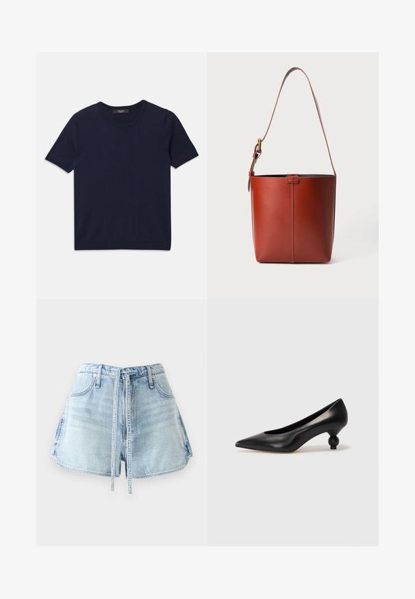 T-shirt a maniche corte blu navy realizzato in tessuto morbido, con scollatura rotonda e bordi a costine, texture liscia e senza motivi visibili.; Shorts in denim azzurro chiaro con vita regolabile, cinque tasche e orli grezzi. Il tessuto ha una texture invecchiata.; Scarpa con tacco alto in pelle nera, con punta affilata e tacco arrotondato e bombato. Texture liscia con un design elegante e minimalista.; Borsa a secchiello in pelle marrone con tracolla regolabile e fibbia dorata, semplice dettaglio di cucitura verticale sul davanti.