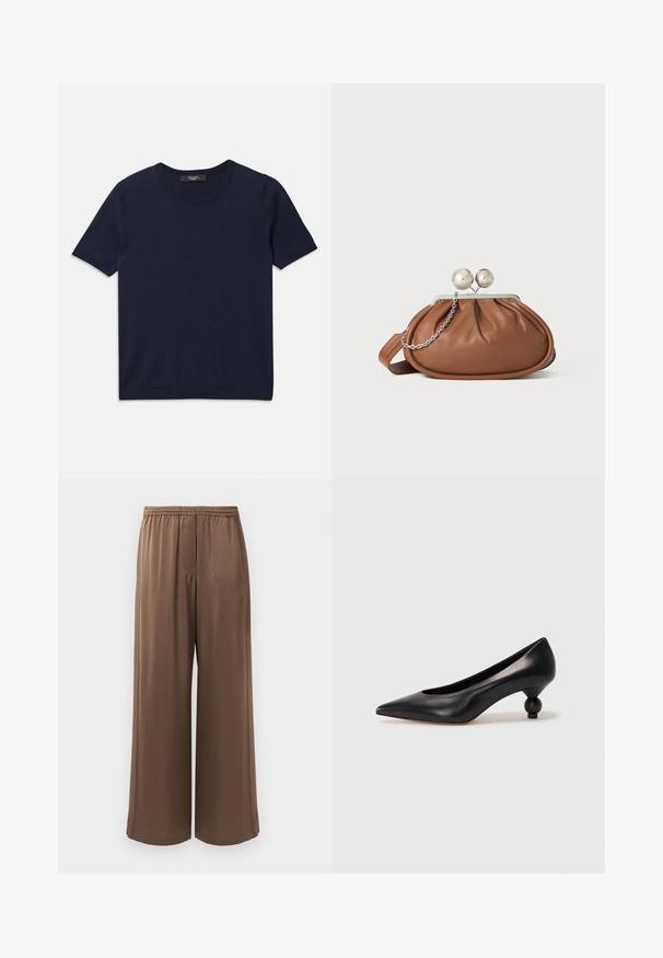 T-shirt à manches courtes bleu marine en tissu doux, avec un col rond et des bords côtelés, texture lisse et sans motifs visibles.; Pantalons larges marron avec ceinture élastique et tissu doux, présentés sur un fond blanc uni.; Chaussure à talon haut en cuir noir avec un bout pointu et un talon arrondi. Texture lisse avec un design épuré et minimal.; Pochette en cuir marron avec un fermoir à boule en argent et un petit détail en chaîne argentée sur fond blanc.