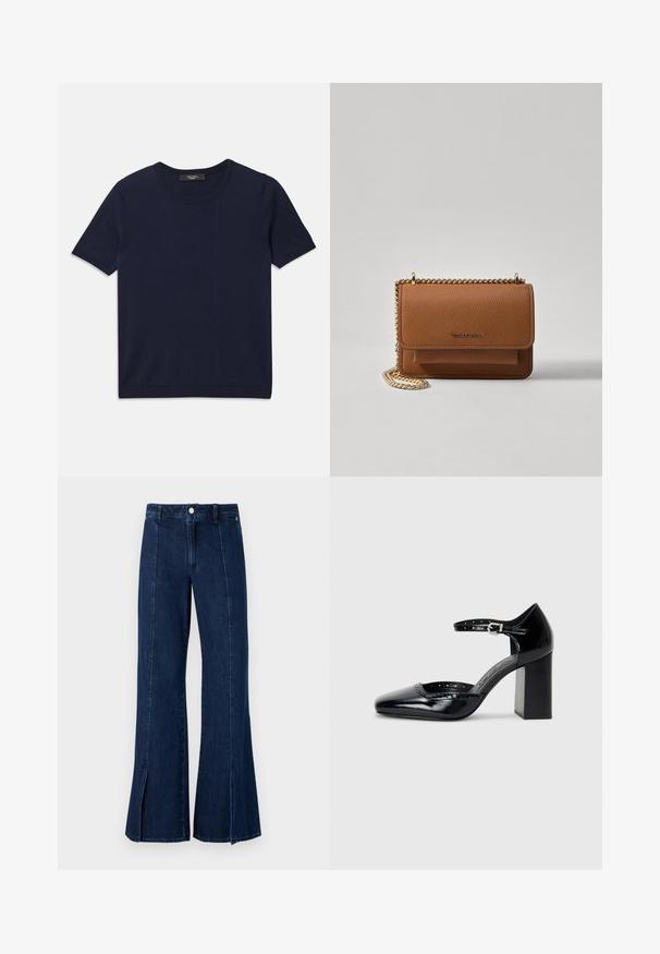 Tums zilā īsajām piedurknēm T-krekls, kas izgatavots no mīksta auduma, ar apaļu izgriezumu un ribotām malām, gluda tekstūra un bez redzamām rakstām.; Tumši zilie džinsu bikses ar plašu kāju griezumu, augsto jostasvietu, izgriezumu uz apakšmalas un klasisko piecu kabatu dizainu ar metāla pogas aizdari.; Melna lakota ādas augstpapēžu kurpes ar kvadrātu purngalu, potītes siksniņu un masīlu papēdi. Iekļauj perforētu apdari gar malu.; Brūna teksturēta ādas plecu soma ar zelta ķēdes siksnu un atloka aizdari. Priekšpusē ir logotipa detaļa un kabata zem atloka.