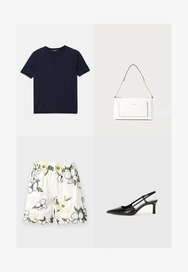 T-shirt de manga curta azul marinho, feito de tecido suave, com decote redondo e bordas caneladas, textura lisa e sem padrões visíveis.; Calções brancos com bordado floral em amarelo, roxo e preto. Apresentam uma cintura elástica e uma bainha em formato de onda. Fecho com cordão.; Salto slingback em patente preta com bico apontado, apresentando um padrão de pele de cobra texturizado, tira ajustável e um salto bloco curto e texturizado.; Bolsa de mão branca em couro com acabamento texturizado, featuring a corrente dourada e detalhes pretos. Inclui um bolso frontal e fecho com zipper.