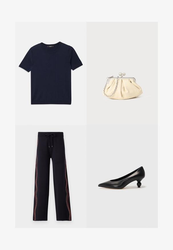 Sötétkék, rövid ujjas póló, puha anyagból készült, kerek nyakkivágással és bordás szegéllyel, sima tapintású, látható minták nélkül.; Fekete, bő szárú nadrág puha textúrával, amely több színű díszítő varrással díszített az oldalán, és állítható húzózsinóros derékkal rendelkezik.; Fekete bőr magassarkú cipő, hegyes orral és kerek, gömbölyű sarokkal. Simább textúrával, elegáns, minimalista dizájnnal.; Pleátolt bézs bőr válltáska ezüst fém kerettel, két kerek díszcsattal és ezüst lánc pánttal.