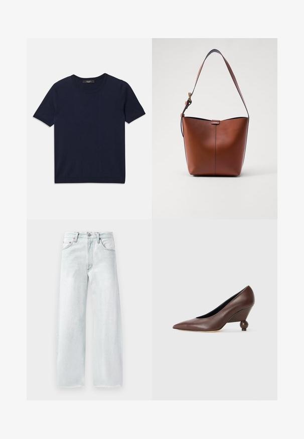 Tamsiai mėlynas trumpų rankovių marškinėliai, pagaminti iš minkštos medžiagos, su apvaliu kaklu ir šonkauliniais kraštais, lygi tekstūra ir be matomų raštų.; Šviesiai mėlyni plačiai prailginti džinsai, pagaminti iš džinsinio audinio. Yra užsegamas liemuo, penki kišenės ir nustebinta apatinė dalis. Subtilus toninis siuvinėjimas.; Ruda odinė aukšta kulno batų avalynė su smailiu pirštu ir apvaliu, rutulio formos kulnu. Lygus paviršius su paprastu dizainu ir minimaliais akcentais.; Ruda odinė petinė rankinė su kreivam formu, lygia tekstūra ir viena plona juosta. Yra švelni siūlė ir mažas logotipo elementas.