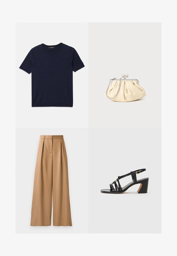 Granatowa koszulka z krótkim rękawem, wykonana z miękkiego materiału, z okrągłym dekoltem i prążkowanymi krawędziami, gładka tekstura, bez widocznych wzorów.; Spodnie szerokie w kolorze jasnobrązowym z pionowymi białymi paskami. Posiadają plisy w pasie oraz gładką strukturę.; Paul Smith AMIRA czarny; Złożona beżowa skórzana kopertówka z srebrną metalową ramą, z dwoma okrągłymi dekoracyjnymi zapięciami i srebrnym łańcuszkiem.
