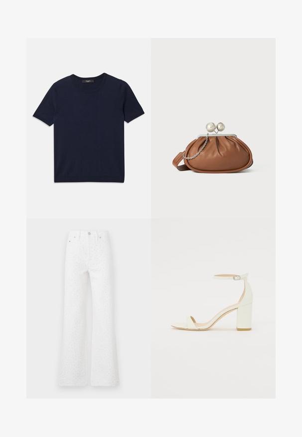Camiseta de manga corta de color azul marino, fabricada con un tejido suave, con un escote redondo y bordes acanalados, textura suave y sin patrones visibles.; Jeans de campana blancos con una tela texturizada que presenta puntos negros. Diseño de cinco bolsillos con un botón delantero y cierre de cremallera.; Sandalía de tacón bloque blanca de piel, con una correa en el tobillo que presenta una hebilla y un diseño minimalista. Punta abierta y texturas suaves en toda la superficie.; Bolso de mano de cuero marrón con cierre de bola plateada y un pequeño detalle de cadena plateada sobre un fondo blanco.