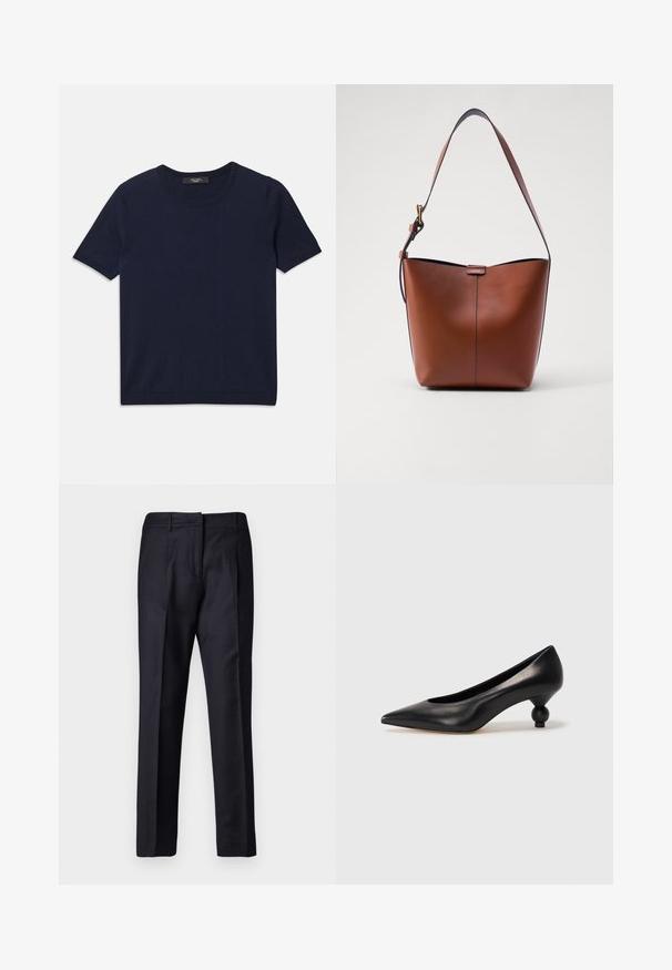 Námornícka modrá polokošeľa krátky rukáv vyrobená z mäkkej látky, s okrúhlym výstrihom a rebrovanými okrajmi, hladkou textúrou a bez viditeľných vzorov.; Námorné nohavice s hladkou textúrou, rovný predný diel, dvojité záhyby a pútka na opasok. Strih s rovnými nohavicami, zakončené lemom.; Čierna kožená vysoká topánka na podpätku s ostrým špičkou a okrúhlym, guľatým podpätkom. Hladký povrch s moderným, minimalistickým dizajnom.; Hnedá kožená taška cez rameno s zakriveným tvarom, hladkou textúrou a jedným tenkým popruhom. Obsahuje jemný šev a malý logo detail.