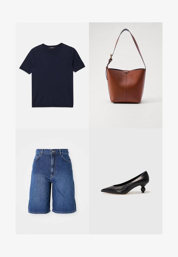 Navy blue short-sleeve T-shirt made of soft fabric, featuring a round neckline and ribbed edges, smooth texture, and no visible patterns.; Denim shorts in dark blue, featuring a high-waisted design, five pockets, and contrasting stitching. Raw hem at the bottom.; Black leather high heel shoe with a pointed toe and a round, balled heel. Smooth texture with a sleek, minimal design.; Brown leather shoulder bag with a curved shape, smooth texture, and a single thin strap. Features a subtle seam and a small logo detail.
