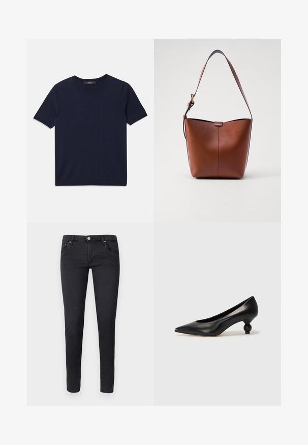 Sötétkék, rövid ujjas póló, puha anyagból készült, kerek nyakkivágással és bordás szegéllyel, sima tapintású, látható minták nélkül.; AG Jeans Testhezálló fazon - anthracite black; Fekete bőr magassarkú cipő, hegyes orral és kerek, gömbölyű sarokkal. Simább textúrával, elegáns, minimalista dizájnnal.; Barna bőr válltáska ívelt formával, sima felülettel és egy vékony pánttal. Diszkrét varrással és kis logóval rendelkezik.