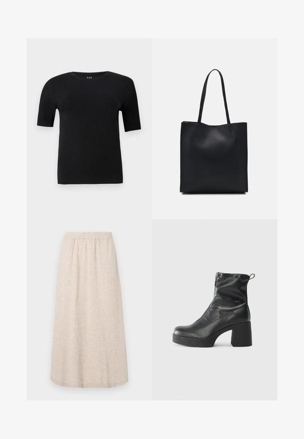 Black short-sleeve T-shirt in soft cotton, featuring a round neckline and a simple design with no visible patterns or accents.; Beige linen skirt with an elastic waistband, midi length, and subtle texture pattern. No pockets or additional accents visible.; Black ankle boots made of smooth leather, featuring a side zipper, chunky textured heel, and rounded toe design.; Black leather tote bag with smooth texture, rectangular shape, and two long handles. No visible hardware or embellishments.