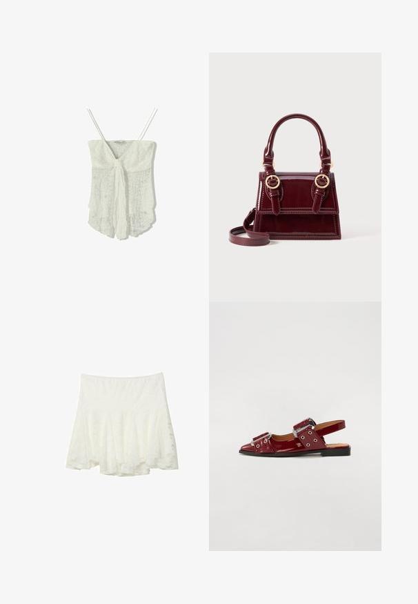 Top in pizzo bianco con spalline sottili, caratterizzato da una chiusura con lacci sul davanti e un design fluido e leggermente texturizzato.; Stradivarius FITTING - Gonna a campana - white; Scarpe slingback in pelle verniciata bordeaux con punta appuntita, caratterizzate da due cinturini regolabili con fibbie e dettagli in metallo argentato.; Borsa in pelle verniciata borgogna con doppi manici superiori, dettagli in metallo dorato e tracolla rimovibile. Forma rettangolare con cuciture a contrasto.; Orologio da polso rettangolare dorato con quadrante verde chiaro testurizzato, due indicatori delle ore neri, bracciale in metallo dorato e un design minimalista.