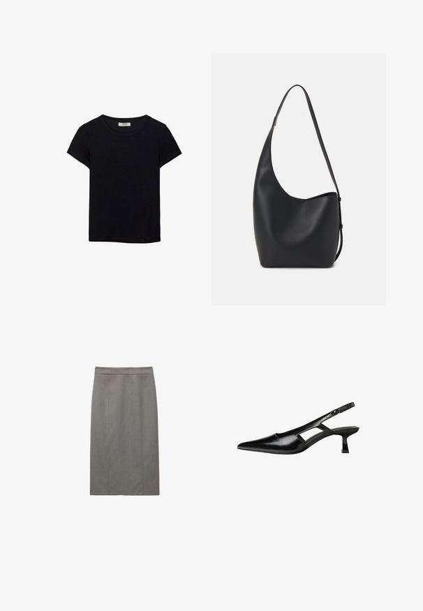 Czarna koszulka z krótkim rękawem, wykonana z miękkiego materiału. Posiada klasyczny okrągły dekolt i luźny krój. Brak widocznych wzorów lub akcentów.; Szara spódnica o prostym kroju, z dopasowanymi szwami i gładką fakturą. Projekt zawiera wysoki pas, który zapewnia pewne dopasowanie.; Czarne lakierowane czółenka na odkrytej pięcie z wąskim noskiem, z wykrojem po bokach i małym kwadratowym obcasem. Gładka faktura z minimalnymi akcentami.; Czarna skórzana torba hobo o gładkiej fakturze, zaokrąglonym kształcie i pojedynczym, regulowanym pasku; posiada szerokie otwarcie na górze.