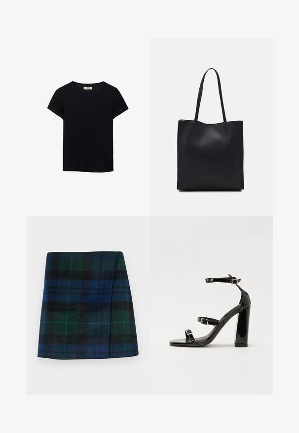 T-shirt noir à manches courtes en tissu doux. Il possède un col rond classique et une coupe décontractée. Aucun motif ni accent visible.; Jupe à carreaux aux couleurs vert foncé, bleu et noir, avec une coupe droite et une texture douce, accompagnée d'une forme structurée.; Sandales à talons vernies noires avec un bout carré, des sangles autour de la cheville et des boucles en argent. Dotées d'un talon bloc épais pour plus de stabilité.; Sac fourre-tout en cuir noir avec une texture lisse, de forme rectangulaire et deux longues poignées. Pas de matériel ou d'ornementations visibles.