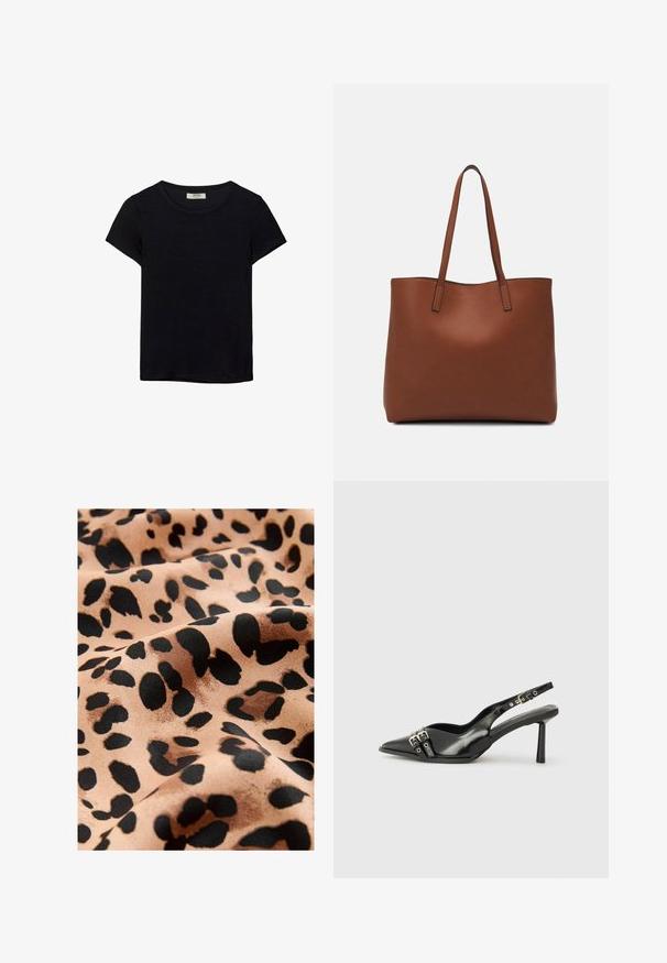 T-shirt noir à manches courtes en tissu doux. Il possède un col rond classique et une coupe décontractée. Aucun motif ni accent visible.; Tissu imprimé léopard avec de grandes taches noires sur un fond beige, présentant une texture satinée lisse et une apparence fluide.; Chaussure slingback en cuir verni noir avec un embout pointu, des brides de cheville avec des boucles en argent et des éléments en métal, et un talon fin.; Sac fourre-tout en cuir marron avec une texture lisse, design à ouverture supérieure et deux poignées pour le porter à l'épaule. Présente des coutures minimales et aucun matériel visible.