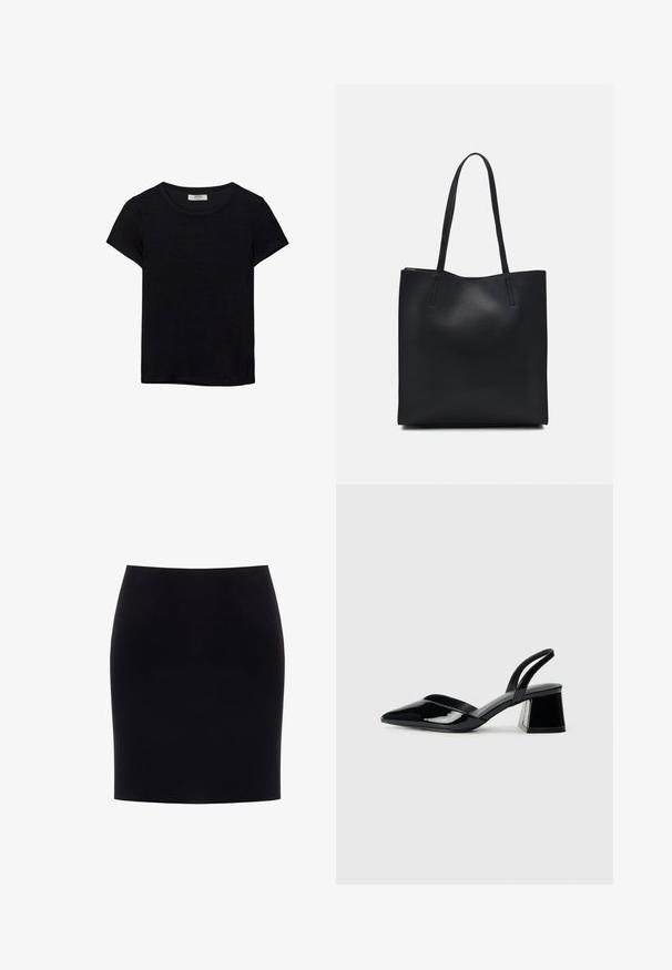 Schwarzes kurzärmeliges T-Shirt aus weichem Stoff. Mit klassischem Rundhalsausschnitt und lockerer Passform. Keine Muster oder Akzente sichtbar.; Schwarzer knielanger Bleistiftrock mit tailliertem Schnitt und glatter, einfarbiger Oberfläche, auf einem weißen Hintergrund präsentiert.; Schwarze Lackleder-Slingback-High Heels mit spitzem Schuh und einem geometrischen Blockabsatz. Verfügt über ein schlankes, minimalistisches Design und eine glatte Textur.; Schwarze Laptoptasche aus Leder mit glatter Textur, rechteckiger Form und zwei langen Griffen. Keine sichtbaren Beschläge oder Verzierungen.