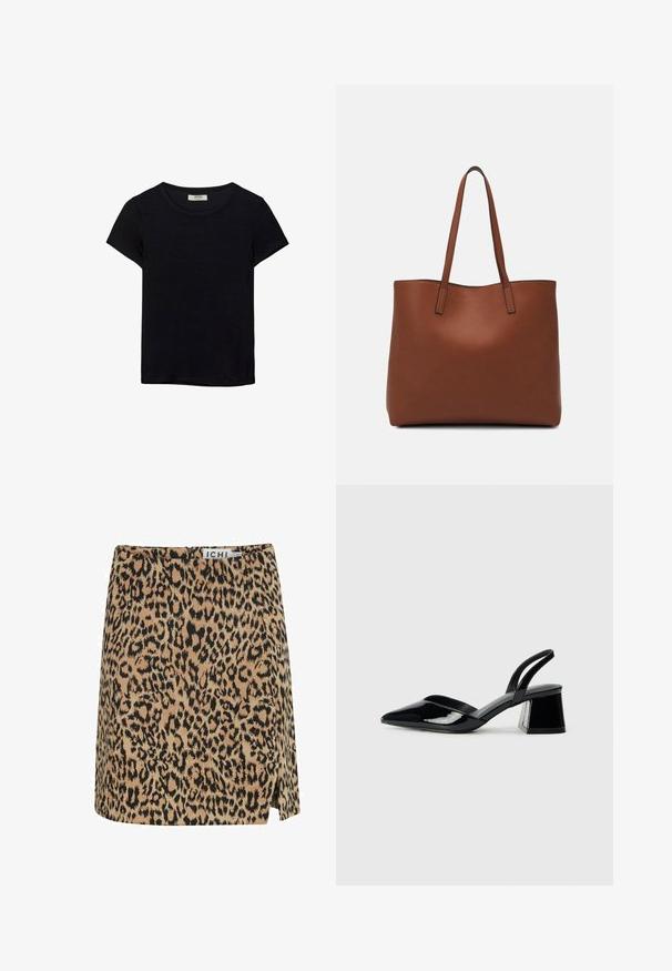 Schwarzes kurzärmeliges T-Shirt aus weichem Stoff. Mit klassischem Rundhalsausschnitt und lockerer Passform. Keine Muster oder Akzente sichtbar.; Minirock mit Leopardenmuster aus weichem Stoff, mit beigem Grund und schwarzen Flecken, seitlichem Schlitz und einem dezenten Reißverschluss auf der Rückseite.; Schwarze Lackleder-Slingback-High Heels mit spitzem Schuh und einem geometrischen Blockabsatz. Verfügt über ein schlankes, minimalistisches Design und eine glatte Textur.; Braune Leder-Tote mit glatter Textur, offenem Oberteil und zwei Schulterriemen. Verfügt über minimale Nähte und keine sichtbaren Beschläge.