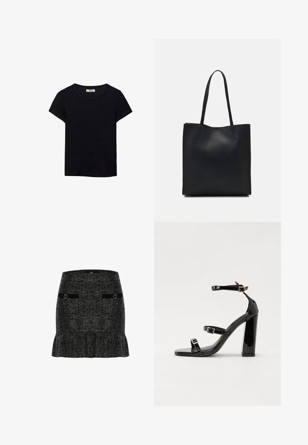 T-shirt nero a maniche corte realizzato in tessuto morbido. Presenta un classico collo rotondo e una vestibilità rilassata. Nessun motivo o accento visibile.; Gonna nera in tweed con orlo a campana, due tasche frontali con dettagli neri e accessori circolari in tono oro.; Sandali con tacco in vernice nera, con punta squadrata, cinturini alla caviglia e fibbie in argento. Presentano un tacco a blocco spesso per maggiore stabilità.; Borsa tote in pelle nera con texture liscia, forma rettangolare e due manici lunghi. Nessun hardware o decorazione visibile.