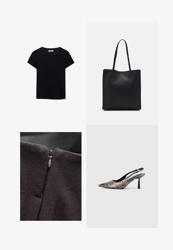 Schwarzes kurzärmeliges T-Shirt aus weichem Stoff. Mit klassischem Rundhalsausschnitt und lockerer Passform. Keine Muster oder Akzente sichtbar.; Reißverschlussdetail auf einem dunkelgrauen Stoff, der eine glatte Textur aufweist, mit einem metallischen Reißverschluss-Zipper und einem grünen Webband darüber.; Spitze Slingback-Schuhe aus strukturiertem Schlangenprint-Material, mit einem schlanken schwarzen Absatz und einem Ausschnitt-Design an den Seiten.; Schwarze Laptoptasche aus Leder mit glatter Textur, rechteckiger Form und zwei langen Griffen. Keine sichtbaren Beschläge oder Verzierungen.