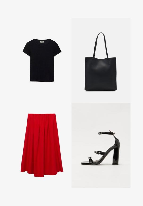 Mustat lyhythihaiset t-paidat, jotka on valmistettu pehmeästä kankaasta. Contains classic pyöreä kaula-aukko ja rento istuvuus. Ei näkyviä kuvioita tai yksityiskohtia.; Punainen, polvipituinen hame, jossa on kerätty vyötärö ja soljuva A-linjainen muoto. Valmistettu sileästä kankaasta, jossa ei ole näkyviä kuvioita tai koristeita.; Musta kiiltävä korkokenkä sandaalit neliönmuotoisella varpaalla, nilkkaremmillä ja hopeisilla soljilla. Varustettu tukevalla lohkokorkealla vakauden takaamiseksi.; Mustapahkainen kangaskassi, jossa on sileä pinta, suorakaiteen muotoinen ja kaksi pitkää kahvaa. Ei näkyvää metalliosaa tai koristeita.