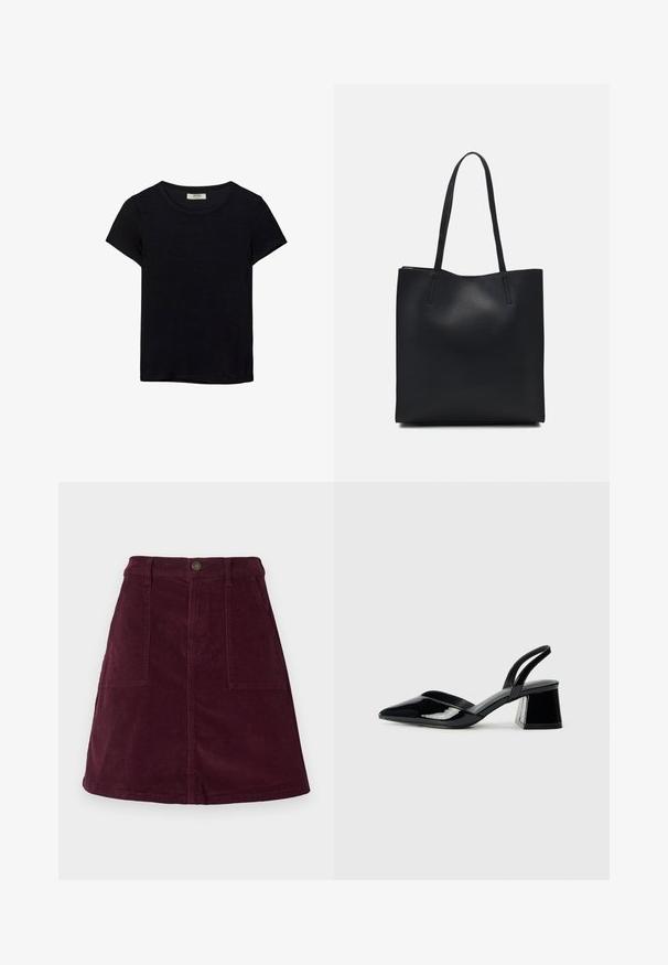 Czarna koszulka z krótkim rękawem, wykonana z miękkiego materiału. Posiada klasyczny okrągły dekolt i luźny krój. Brak widocznych wzorów lub akcentów.; Bordowa spódnica w kształcie litery A z sztruksu, posiadająca dwie przednie kieszenie, zapięcie na guzik w pasie oraz teksturowaną powierzchnię.; Czarne lakierowane półbuty na obcasie z wydłużonym noskiem i geometrycznym słupkiem. Charakteryzują się eleganckim, minimalistycznym designem oraz gładką fakturą.; Czarna skórzana torba tote o gładkiej fakturze, prostokątnym kształcie i dwóch długich uchwytach. Brak widocznych elementów metalowych i ozdób.