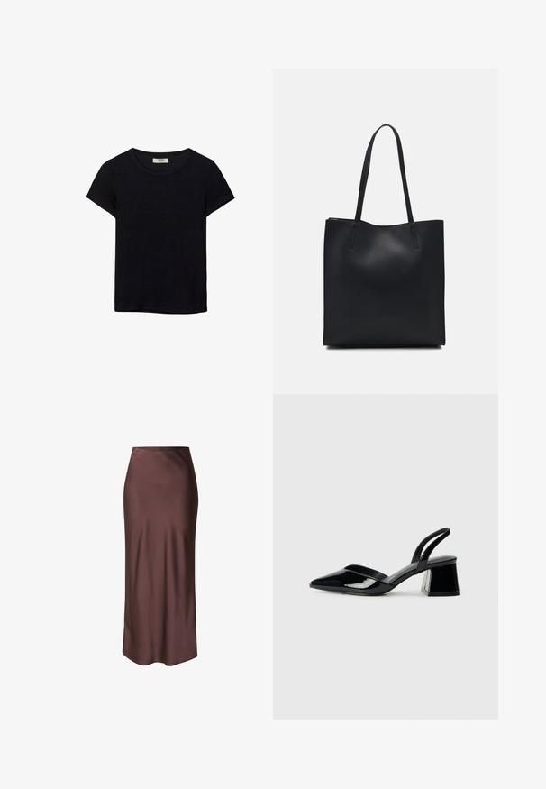 Schwarzes kurzärmeliges T-Shirt aus weichem Stoff. Mit klassischem Rundhalsausschnitt und lockerer Passform. Keine Muster oder Akzente sichtbar.; Brauner Satin-Midirock mit glatter Textur, tailliertem Schnitt und geradem Silhouette, der einen subtilen Glanz aufweist und keine sichtbaren Muster hat.; Schwarze Lackleder-Slingback-High Heels mit spitzem Schuh und einem geometrischen Blockabsatz. Verfügt über ein schlankes, minimalistisches Design und eine glatte Textur.; Schwarze Laptoptasche aus Leder mit glatter Textur, rechteckiger Form und zwei langen Griffen. Keine sichtbaren Beschläge oder Verzierungen.