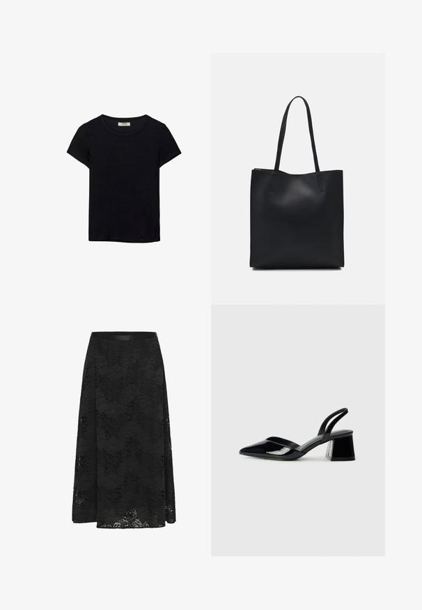 Mustat lyhythihaiset t-paidat, jotka on valmistettu pehmeästä kankaasta. Contains classic pyöreä kaula-aukko ja rento istuvuus. Ei näkyviä kuvioita tai yksityiskohtia.; Musta pitsihame, jossa on liehuva muotoilu. Varustettu kukkakuviolla, teksturoidulla pinnalla ja istuvalla vyötäröllä. Pituus ulottuu nilkkoihin.; Mustat patentoitu nahkakengät, joissa on säären takaosa ja terävä kärki, sekä geometrinen palikkakorko. Sisältää tyylikkään, minimalistisen muotoilun ja sileän pinnan.; Mustapahkainen kangaskassi, jossa on sileä pinta, suorakaiteen muotoinen ja kaksi pitkää kahvaa. Ei näkyvää metalliosaa tai koristeita.
